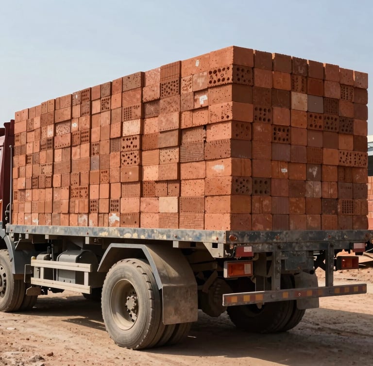 Low-angle heroic shot of a heavy flatbed truck loaded with neatly stacked terracotta clay bricks at the Mudhowal yard, harsh direct sunlight casting deep shadows, gritty industrial photography