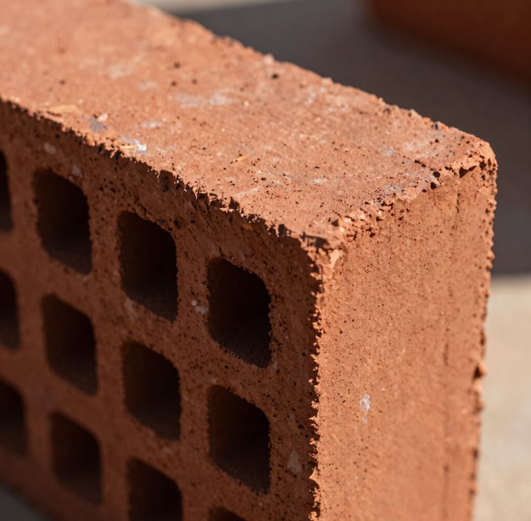 Close-up macro shot of a single fired clay brick showing rich gritty textures, sharp structural edges, and deep terracotta red color under harsh direct sunlight