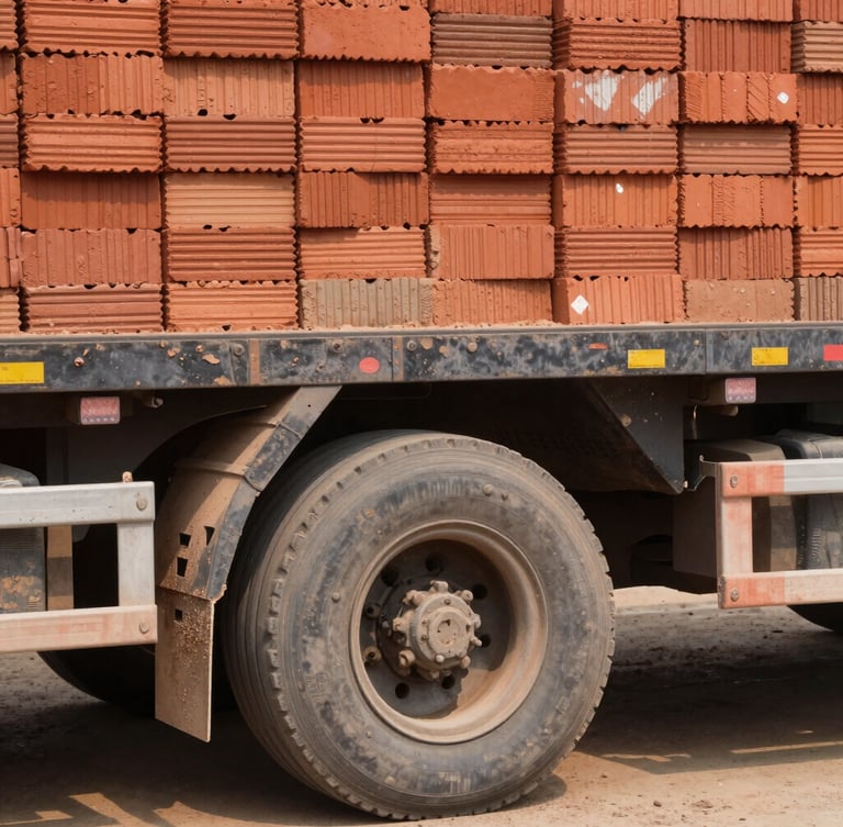 Close-up of industrial flatbed truck wheels and stacked red clay bricks on the trailer bed, warm dust tones, gritty texture, harsh sunlight, 50mm lens