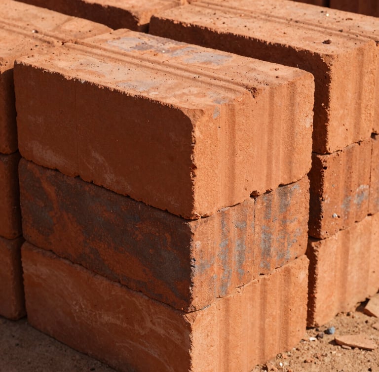 Low-angle heroic shot of neatly stacked terracotta red clay bricks at the Mudhowal yard, harsh direct sunlight casting deep geometric shadows, gritty industrial texture, 50mm lens.