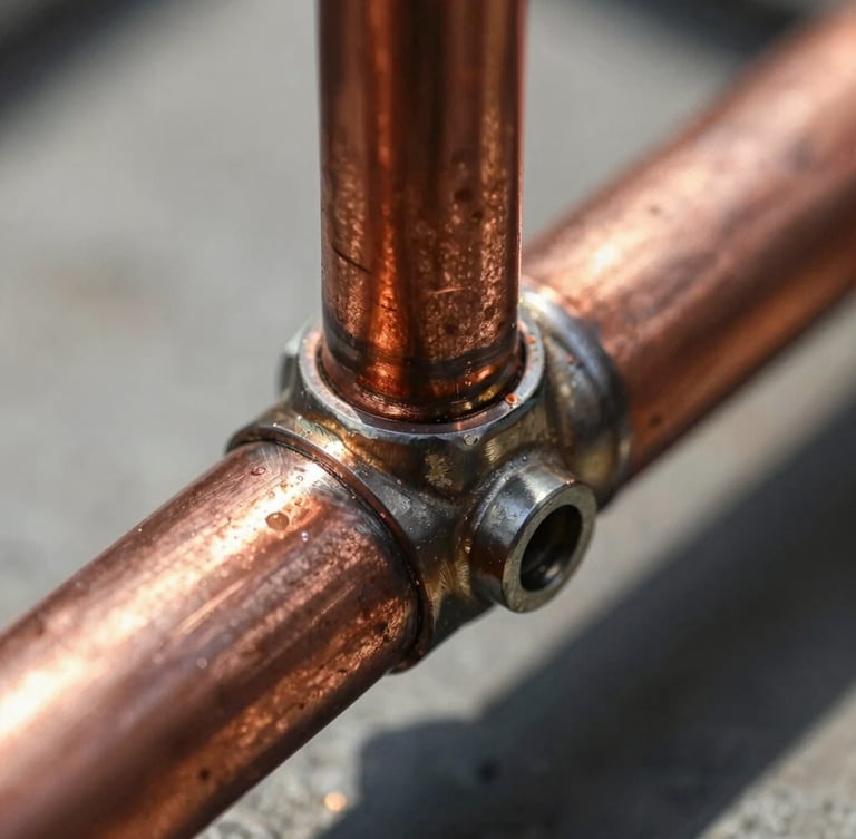 Close-up macro shot of clean copper pipe solder joints under bright daylight, showing precise mechanical alignment and no residue.