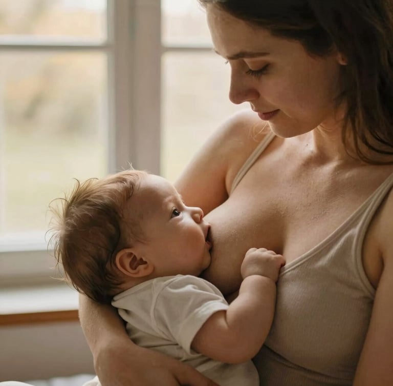 Warm editorial portrait of a mother breastfeeding her baby in soft golden hour light, quiet natural home environment, shallow depth of field.