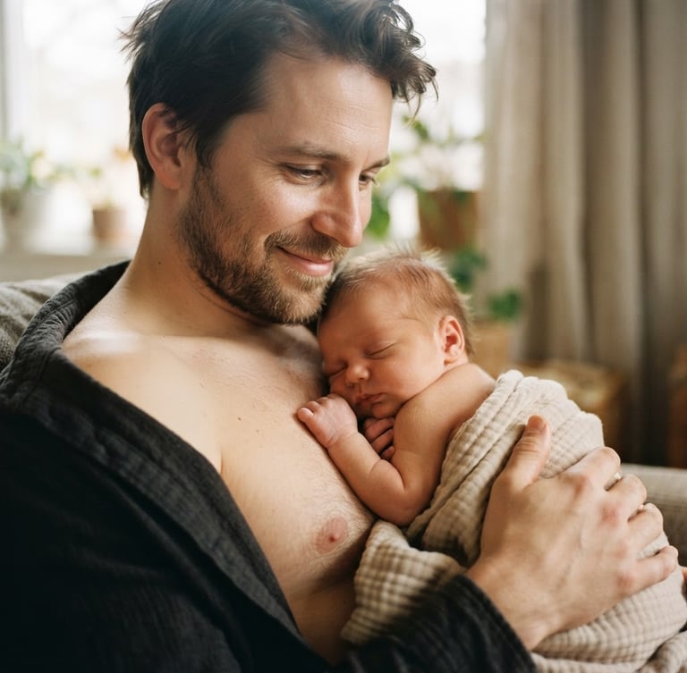 Intimate portrait of a father holding a newborn baby skin-to-skin, warm natural window light, soft morning tones, shallow depth of field, authentic parenting