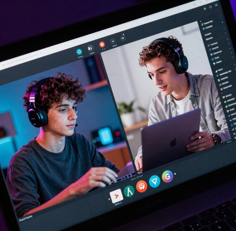Dynamic angled perspective of a split-screen interface showing two students collaborating remotely on a digital project, screen-glowing ambient light, neon accents, dark mode environment.
