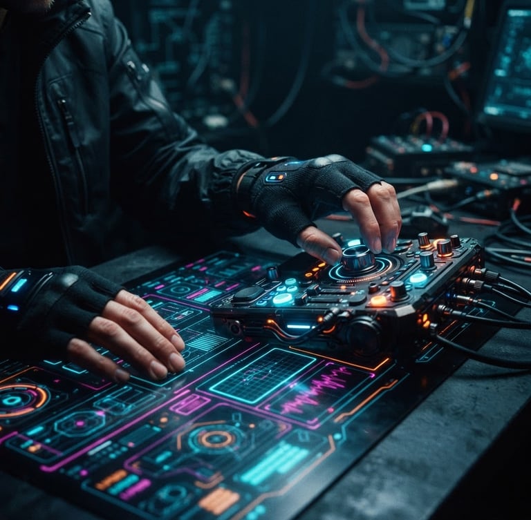 Macro shot of a glowing digital workbench interface, hands on a haptic input device, neon accent highlights, dark mode, high contrast, 35mm lens.