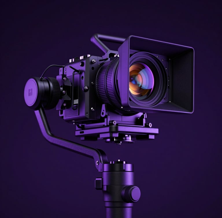 Extreme low-angle shot of a high-end cinema camera rigged on a stabilizer, dramatic neon purple backlighting, dark obsidian studio background, ultra-sharp lens reflections.