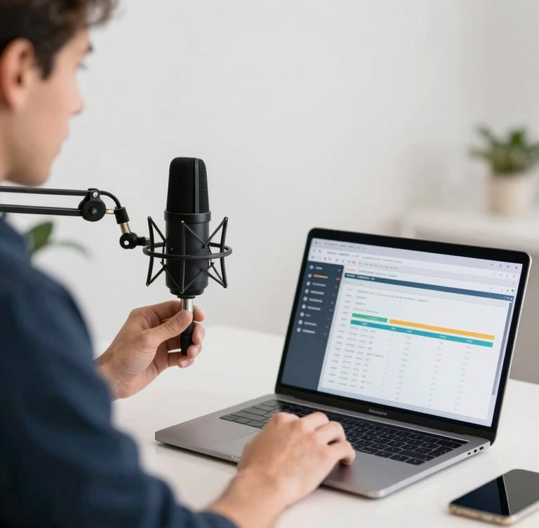 A professional male content creator in a bright modern workspace, adjusting a high-quality microphone next to a laptop displaying clean analytics charts, 35mm photography