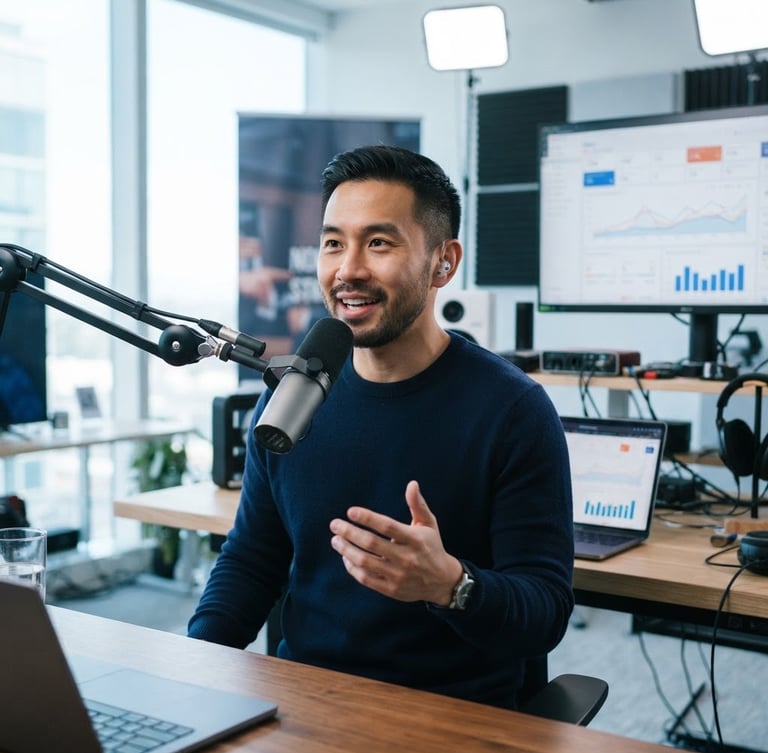 Medium close-up of a professional male content creator in a bright modern studio, speaking into a high-end microphone, laptops with analytics charts visible in the background, cool daylight undertones, 35mm photography.