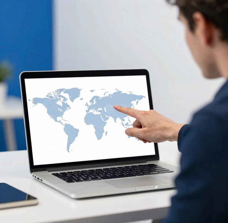 A male tutor pointing to a clean digital world map on a laptop screen, modern workspace, soft studio lighting, royal blue accents, sharp focus