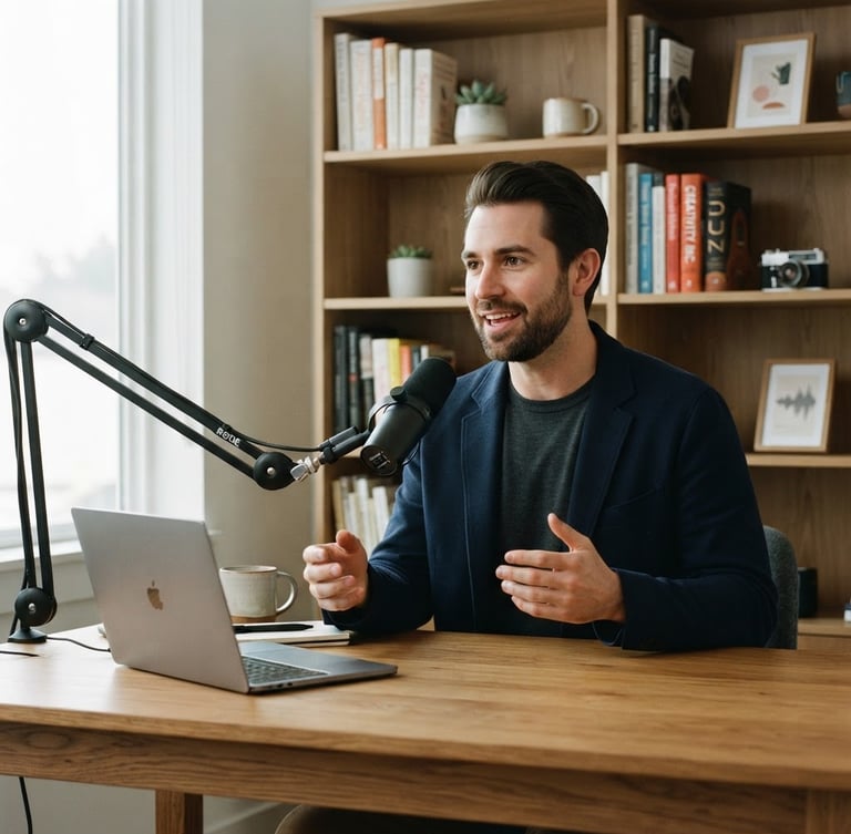 A professional male creator speaking into a high-end microphone in a clean, modern workspace, soft daylight, physical books on a shelf behind him, 35mm photography