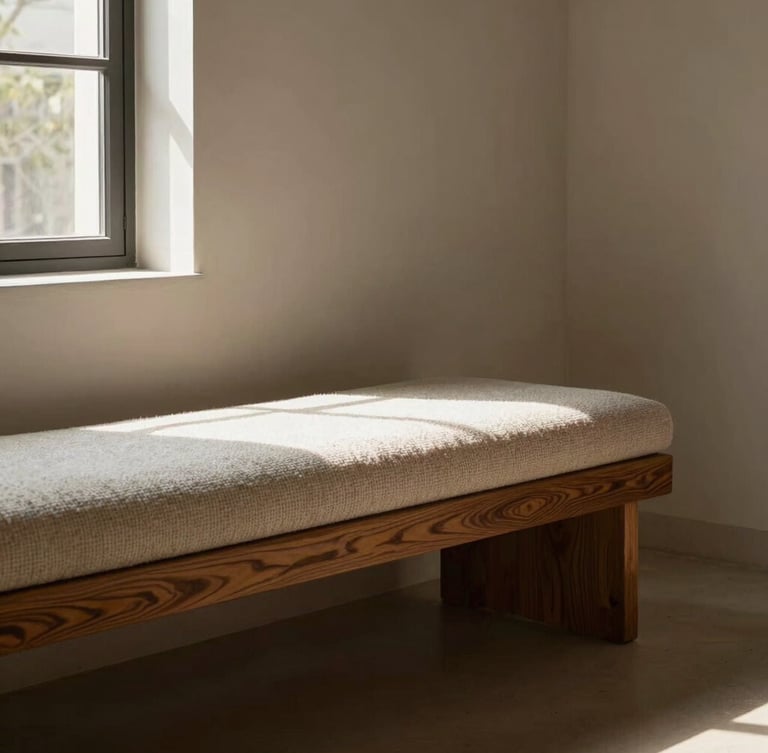 A sunlit window bench in a minimalist plaster room, low-angle morning light casting deep shadows on rich oak grain and textured bouclé fabric, 50mm lens.
