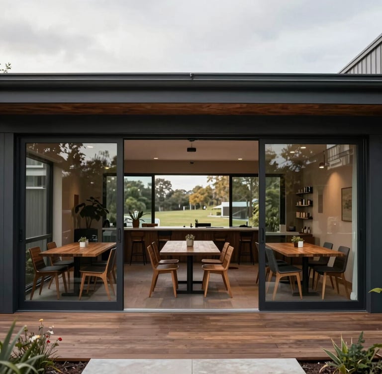 Straight-on architectural photograph of a renovated Point Grey dining area, large sliding glass doors, seamless transition to outdoor deck, soft overcast daylight.