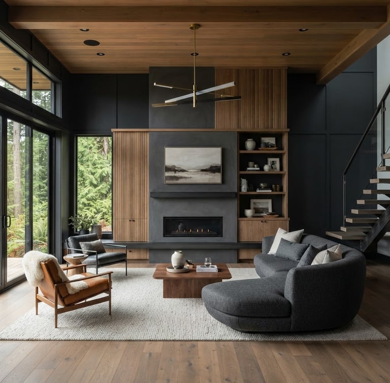 Straight-on architectural elevation of a modern West Coast living space, soft diffused overcast daylight, deep charcoal and warm wood tones, high-end interior design.
