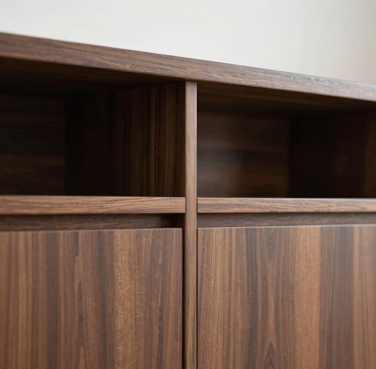 Tight detail shot of custom walnut cabinetry joinery, straight-on architectural elevation, soft diffused overcast daylight, clean lines.