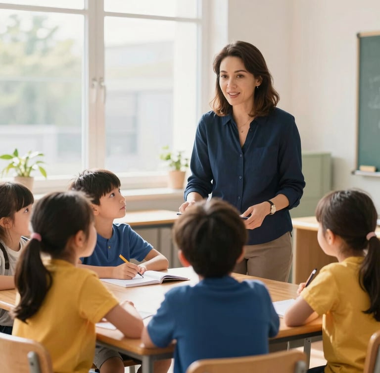 Bright editorial portrait of an experienced female teacher guiding a small group of children in a warm, sunlit classroom, natural daylight, 35mm