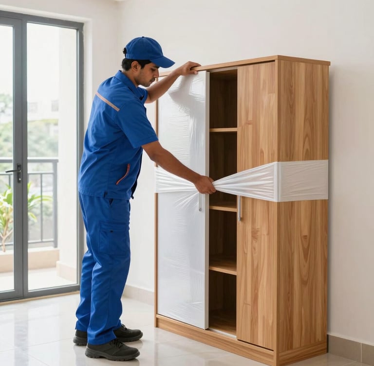 A professional uniform-wearing mover carefully wrapping a wooden cabinet with heavy-duty stretch film inside a bright Bangalore apartment