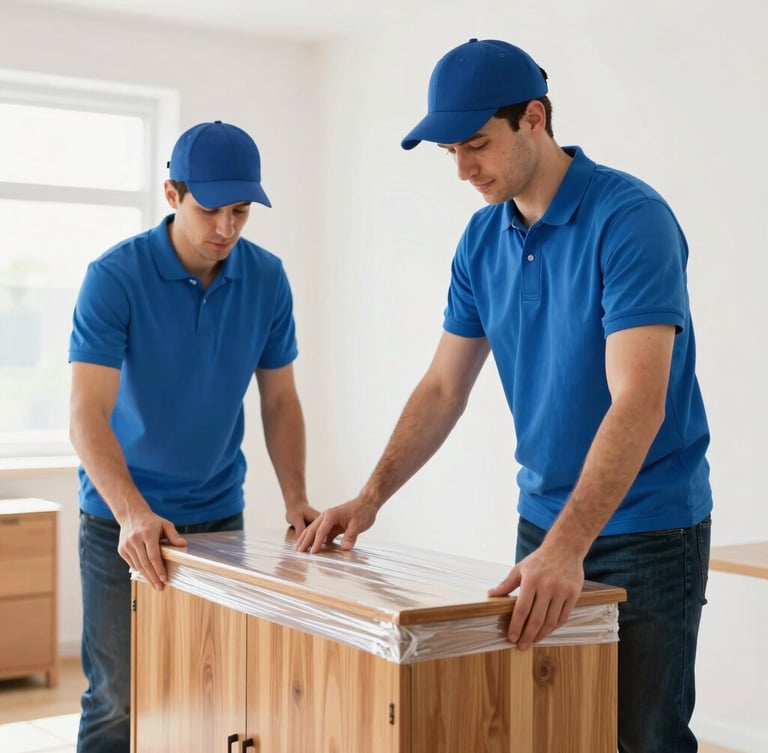 Medium shot of two professional, uniformed DTC movers in bright blue shirts, carefully wrapping a wooden cabinet with protective stretch film in a brightly lit room.