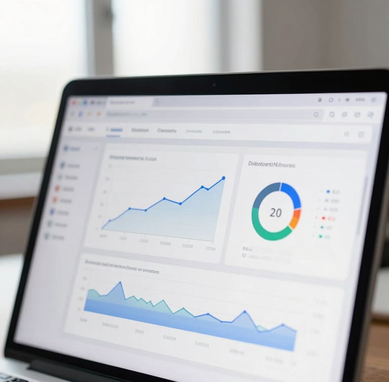 Close-up of a modern digital analytics dashboard showing clean graphs, performance metrics, and creator attribution data, soft natural window light, shallow depth of field, sleek editorial style.