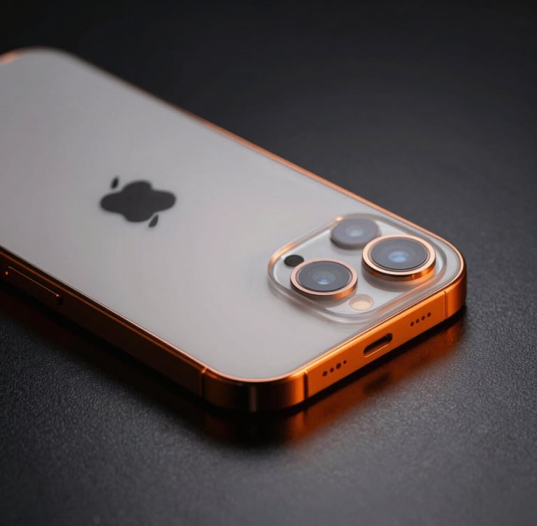 Sleek close-up of a titanium iPhone on a dark reflective surface, dramatic orange rim lighting, sharp focus, 8k resolution