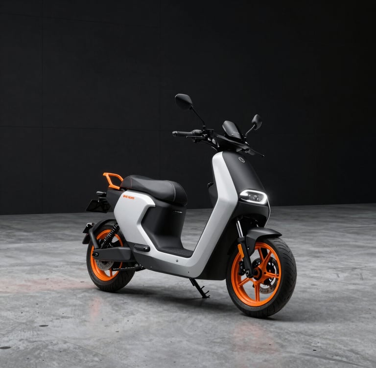 Sleek modern electric motorcycle parked in a clean minimalist concrete plaza, dramatic orange rim lighting, sharp product focus, 8k resolution