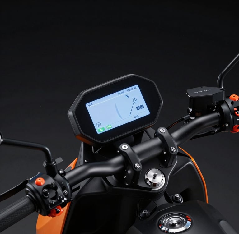 Close-up of a modern electric motorcycle dashboard and handlebars, glowing digital display, sleek matte black finish with subtle orange accents, crisp studio lighting