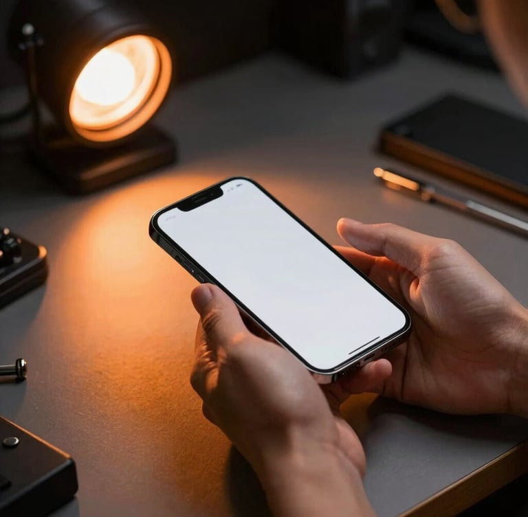 Hands holding an iPhone over a clean technical workbench, warm orange accent lighting, professional and precise atmosphere