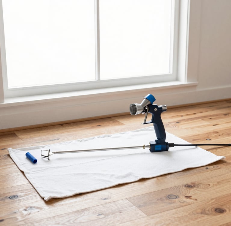 A clean, neatly laid canvas drop cloth on a hardwood floor, a professional paint sprayer and clean tools arranged precisely, bright window light.