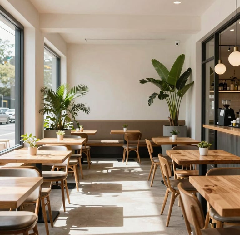Bright, high-key natural daylight shot of a modern Australian cafe interior with clean timber tables and green plants, framed straight-on.