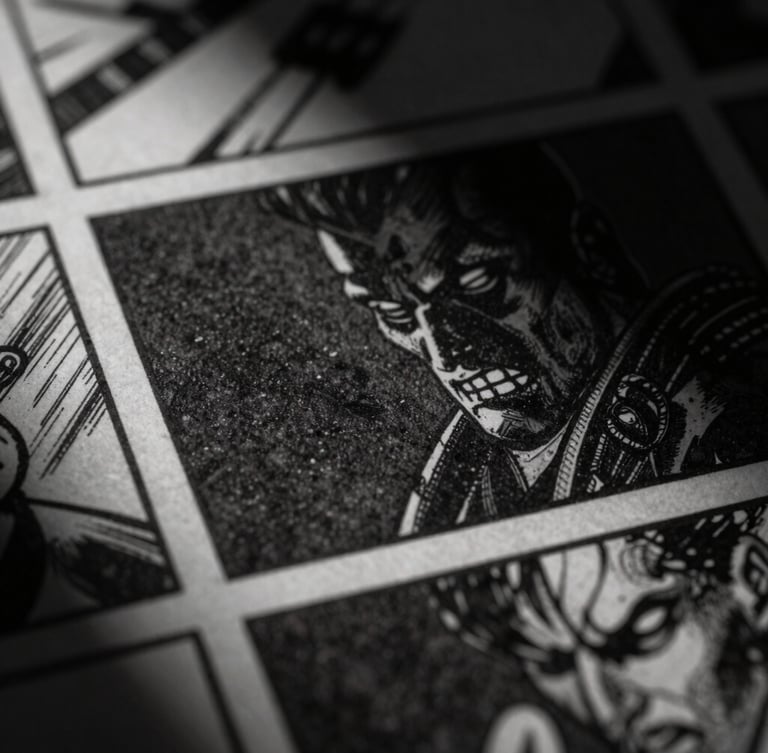 Extreme close-up of a high-contrast ink-and-wash comic panel, moody directional studio lighting, deep black shadows, physical paper grain texture, macro lens