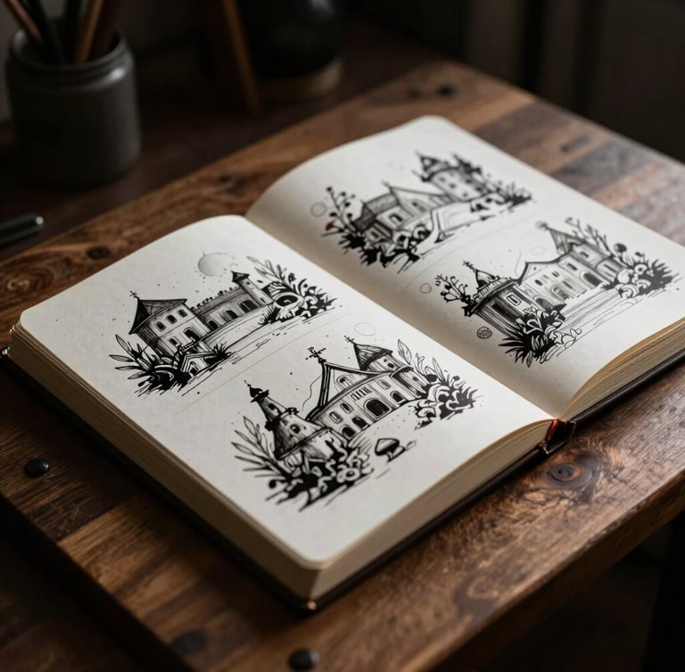 Atmospheric studio photography of a rustic wooden drawing board, moody directional light casting deep shadows, high-contrast ink-and-wash sketchbooks open to detailed sequential panels, physical paper grain and rich ink textures visible, macro lens, shallow depth of field.