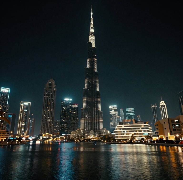 Wide anamorphic cinematic shot of the Dubai skyline at night, with neon lights reflecting on wet pavement, low-key, high-contrast, dramatic neon backlighting.