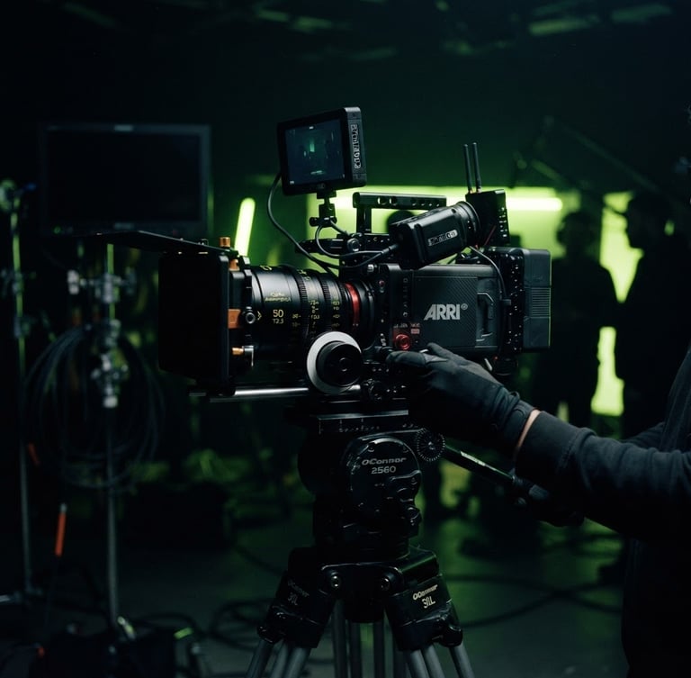 Wide anamorphic shot of a high-end cinema camera rig on a dark set, dramatic neon lime green backlighting, moody studio shadows, 35mm grain.