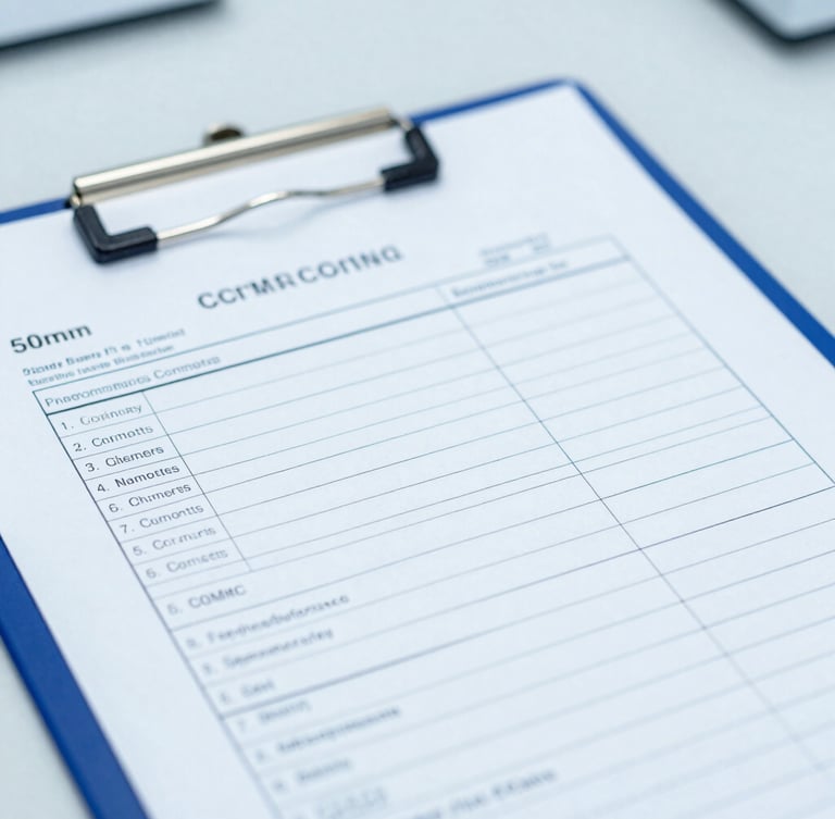 A crisp macro photograph of a high-performance liquid chromatography report printed on a clean clipboard, sterile laboratory background with cool blue tones, high-key lighting, 50mm focus.