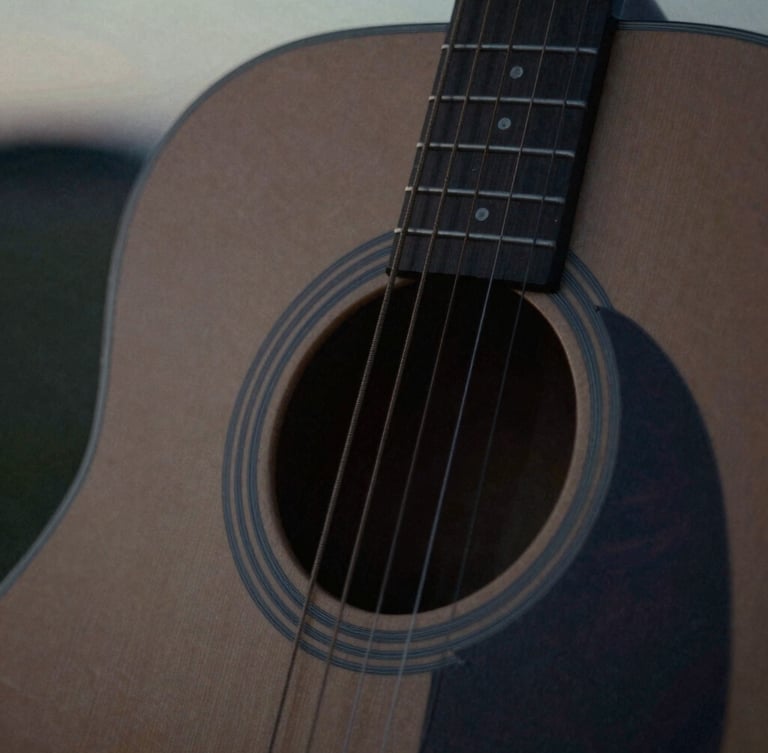 Extreme close-up of a single acoustic guitar string in deep shadow, soft twilight natural light, moody cinematic photography, 35mm film grain