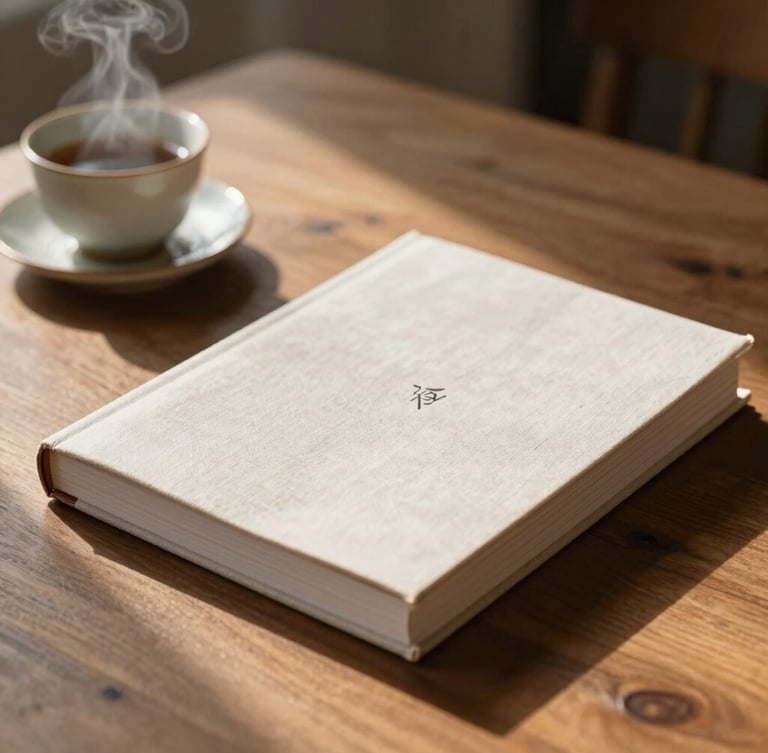 Soft morning daylight illuminating a linen-bound brand book resting on a wooden table, steam gently rising from a ceramic teacup nearby, warm shadows.