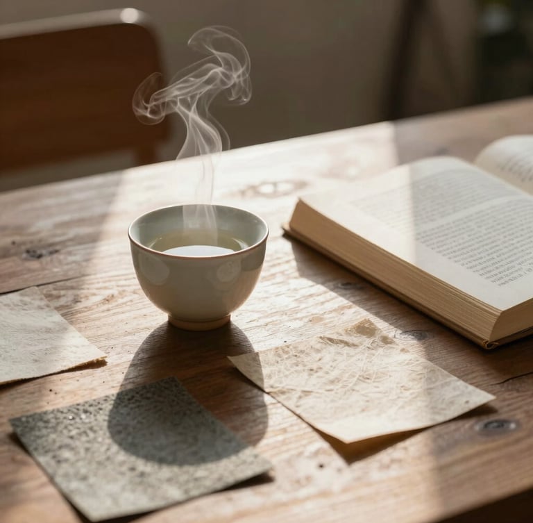 Soft morning light illuminating a quiet studio workspace, a ceramic tea cup with gentle steam rising next to textured paper swatches and a linen-bound book, warm amber accents, minimalist composition.