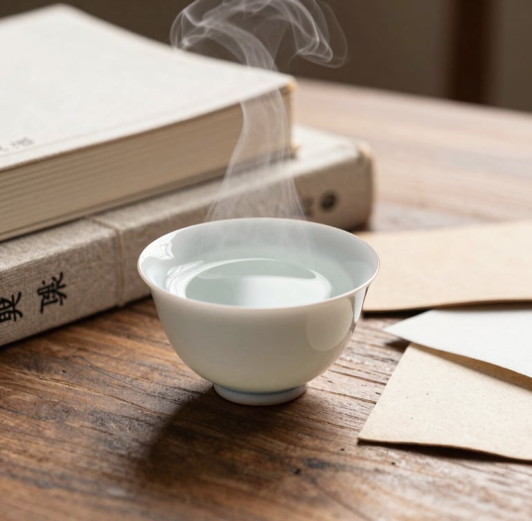 A close-up macro shot of steam rising from a ceramic tea cup placed next to linen-bound brand books and organic paper swatches on a wooden table, soft morning light.
