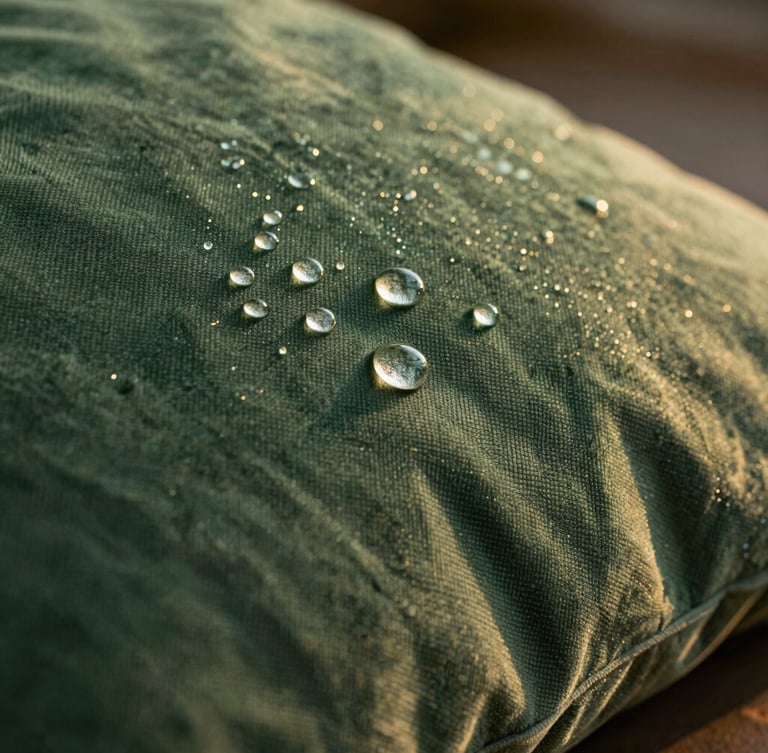 Close-up macro shot of water droplets beading perfectly on a rich forest green woven pillow fabric, soft golden-hour sunlight, shallow depth of field, 35mm