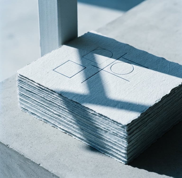 Minimalist corporate brand identity guidelines printed on heavy textured paper, cool blue tint, sharp architectural shadows, clean studio lighting