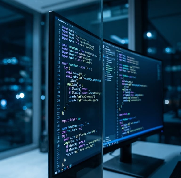 Macro photograph of clean code on a dark monitor, reflected in glass, cool blue ambient lighting, sharp focus, 35mm lens