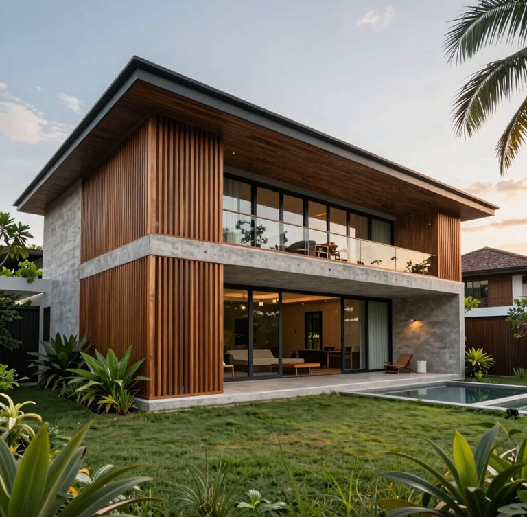 Wide-angle exterior elevation of a modern luxury tropical bungalow in Malaysia at golden hour, featuring rich timber screens, raw concrete walls, large glass sliding doors, and lush green landscaping.