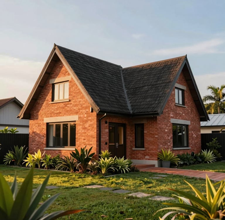 Wide-angle exterior elevation of a modern English cottage in Malaysia, steep dark roofs, warm red brick accents, manicured tropical garden, golden hour sunlight.