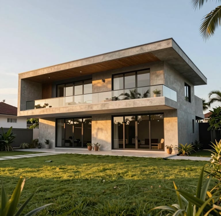 Wide-angle exterior elevation of a premium contemporary Malaysian bungalow with a flat roof, bold concrete cantilevered structures, and extensive glass walls. Warm golden hour tropical sunlight casting soft shadows, set against a manicured green lawn.