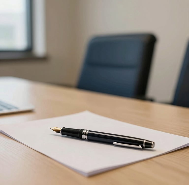 Quiet boardroom interior bathed in soft warm ambient light, a heavy fountain pen resting on textured paper, muted navy and champagne tones, 35mm.