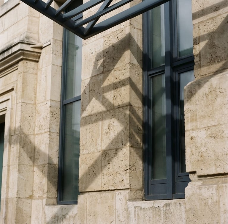 Abstract geometric shadows on a classic stone building facade, sharp angles, soft overcast daylight, 35mm photograph.