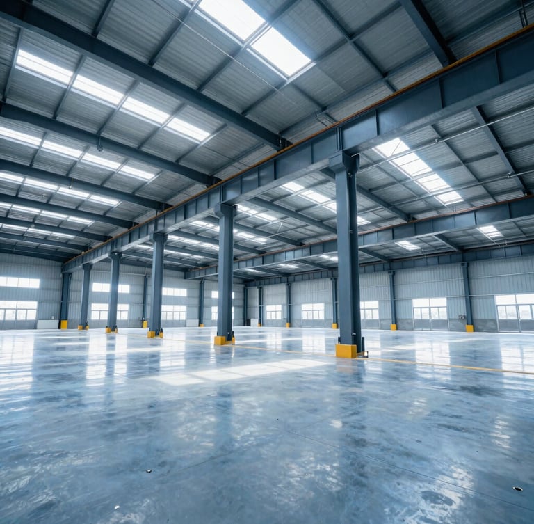 Wide-angle architectural shot of a newly constructed massive industrial warehouse interior, polished concrete floors reflecting bright daylight from skylights, steel pillars, high ceiling structure, professional clean finish.