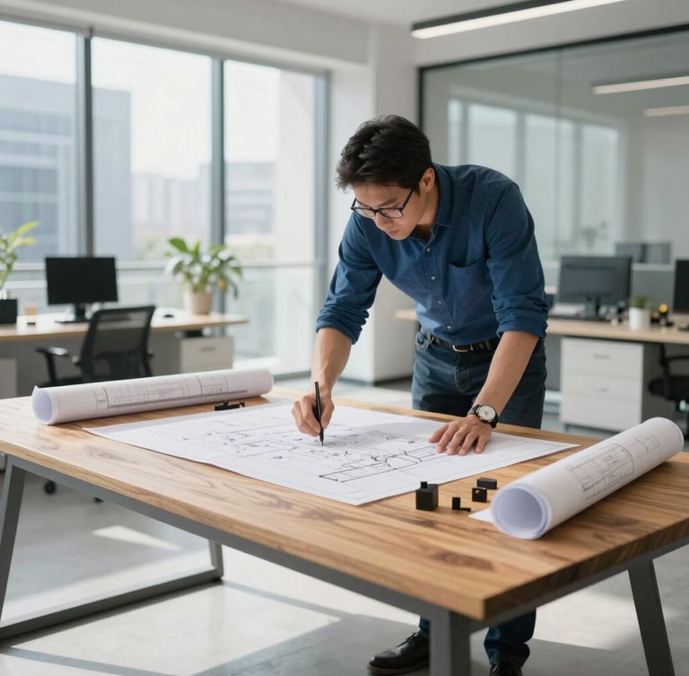 Primer plano de planos arquitectónicos sobre mesa de madera rústica, manos de ingenieros señalando detalles estructurales, iluminación natural de oficina moderna.