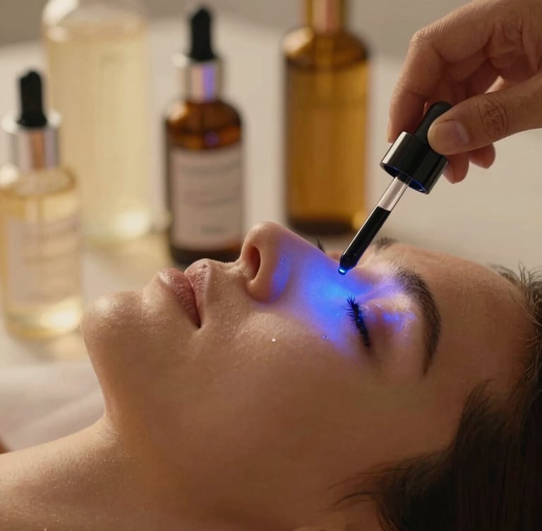 Close-up of a premium skincare treatment, soft blue LED light illuminating a client's cheekbone, macro shot of rich botanical serums, warm editorial photography.