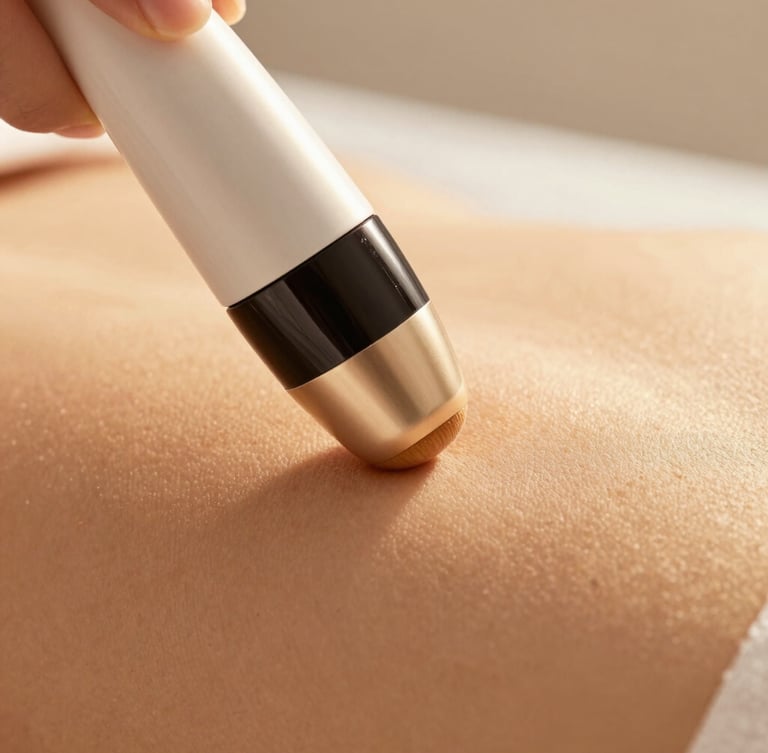 Extreme close-up of a non-invasive skin tightening wand gliding over skin, warm golden-hour light reflecting off the device, clinical serenity, 35mm