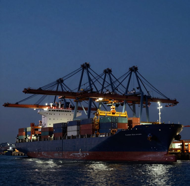 Wide-angle dramatic twilight shot of a deep-water port terminal, towering cranes loading steel containers onto a massive ship, steel and navy tones.